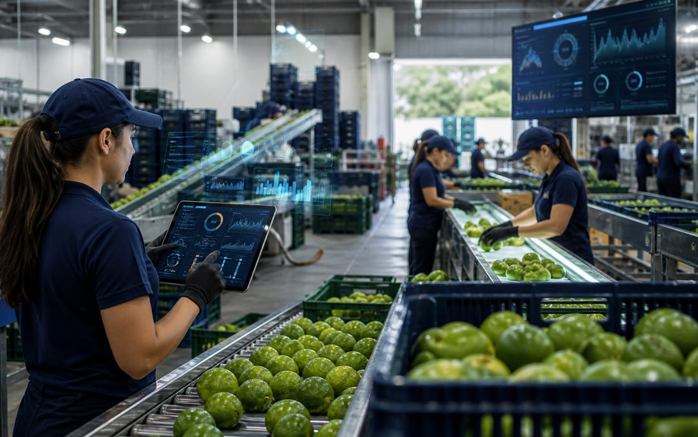 Equipe acompanhando a operação de packinghouse com dados em tempo real